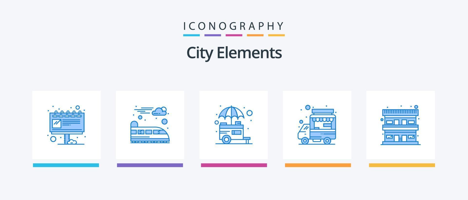 City Elements Blue 5 Icon Pack inklusive Unterkunft. Garküche. Stall. LKW. Auto. kreatives Symboldesign vektor