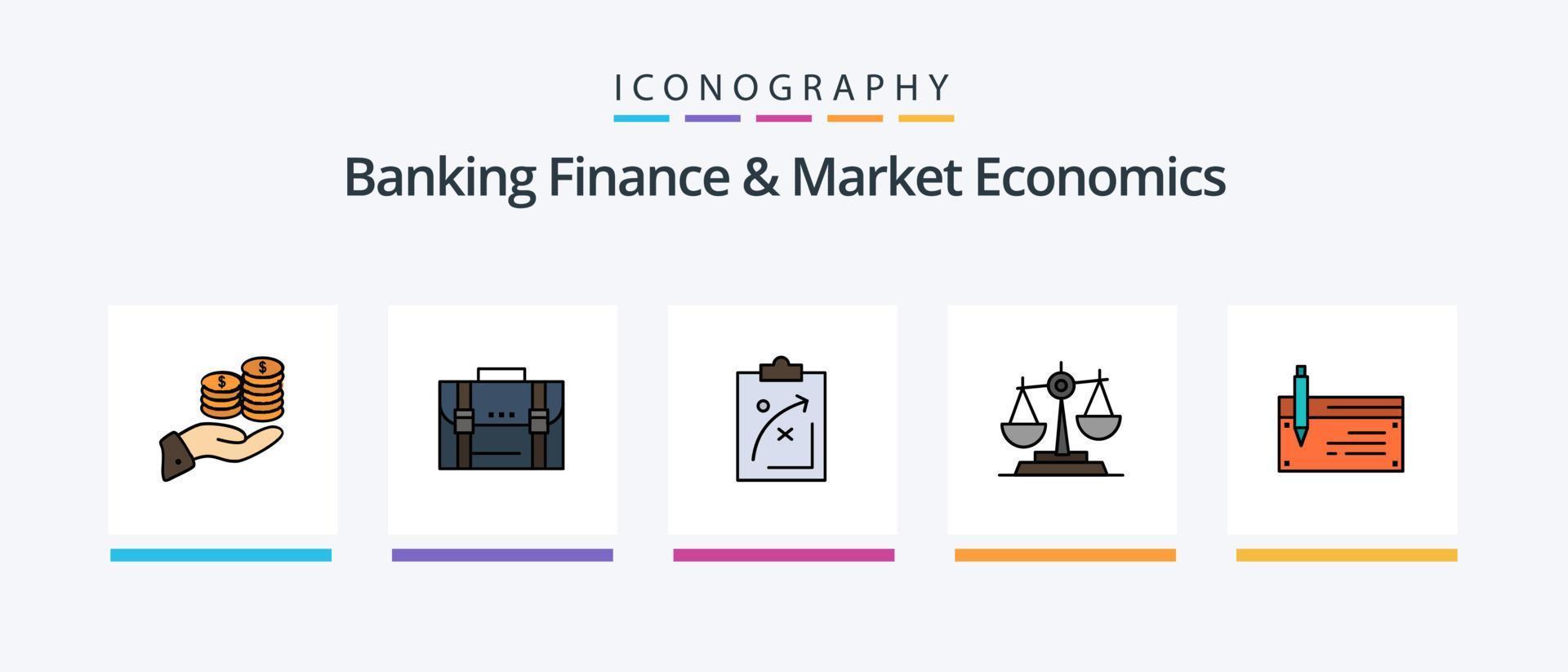 Bankfinanzierung und Marktwirtschaftslinie gefüllt 5 Icon Pack inklusive Geld. Finanzen. Lösung. Wirtschaft. Pflege. kreatives Symboldesign vektor