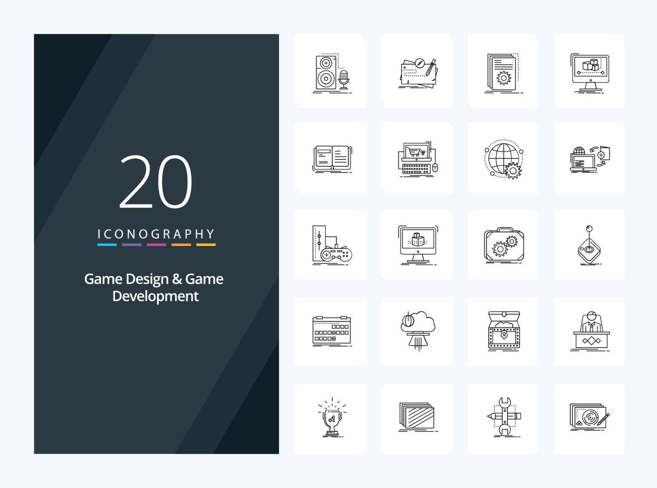 20 spel design och spel utveckling översikt ikon för presentation vektor