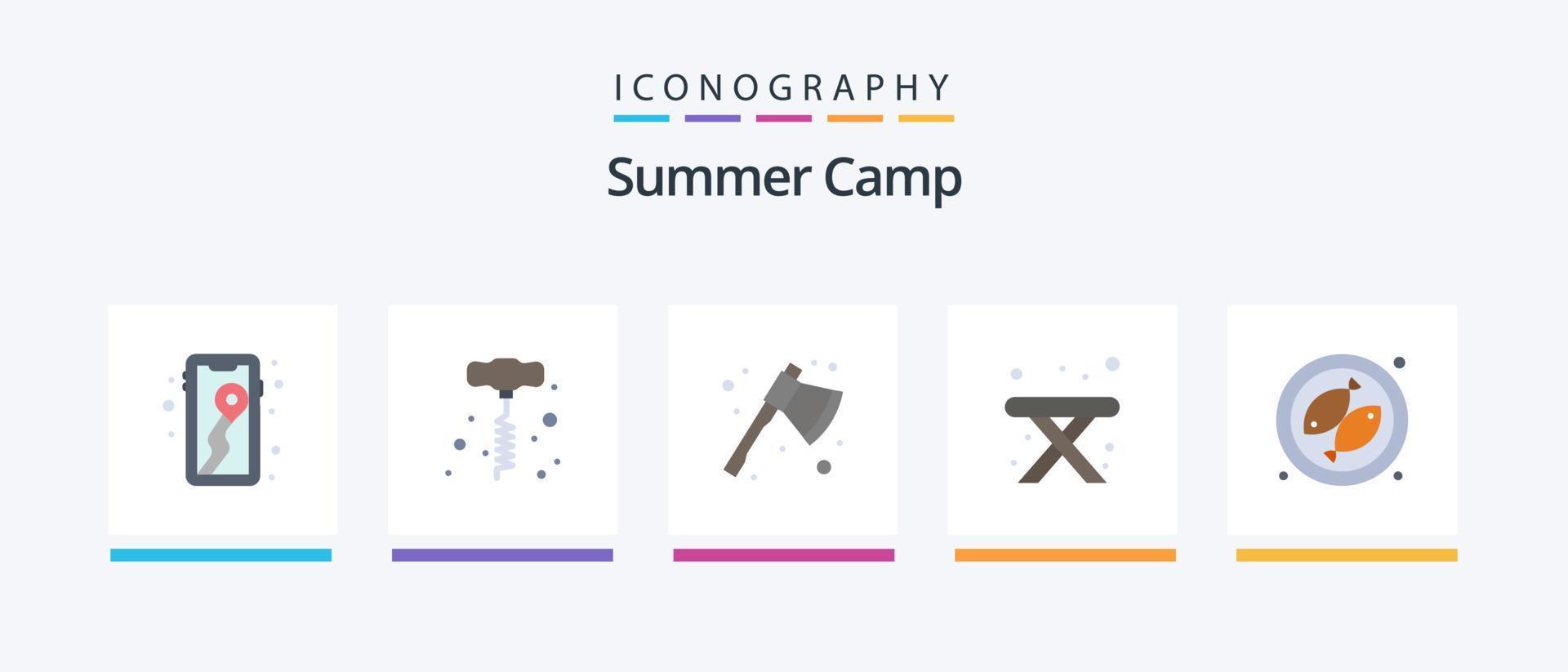 Summer Camp Flat 5 Icon Pack inklusive . Fisch. Axt. Camping. Tisch. kreatives Symboldesign vektor