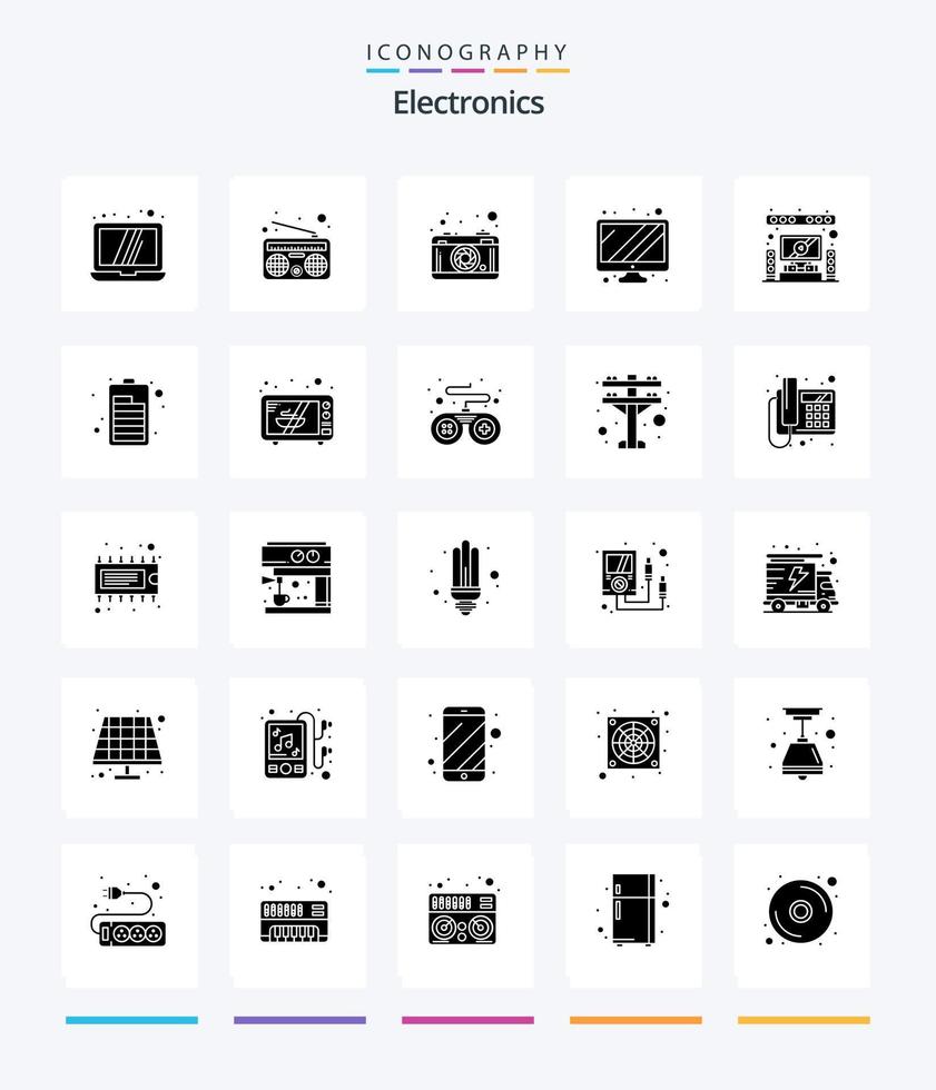kreativ elektronik 25 glyf fast svart ikon packa sådan som batteri. systemet. lins. Hem. enhet vektor