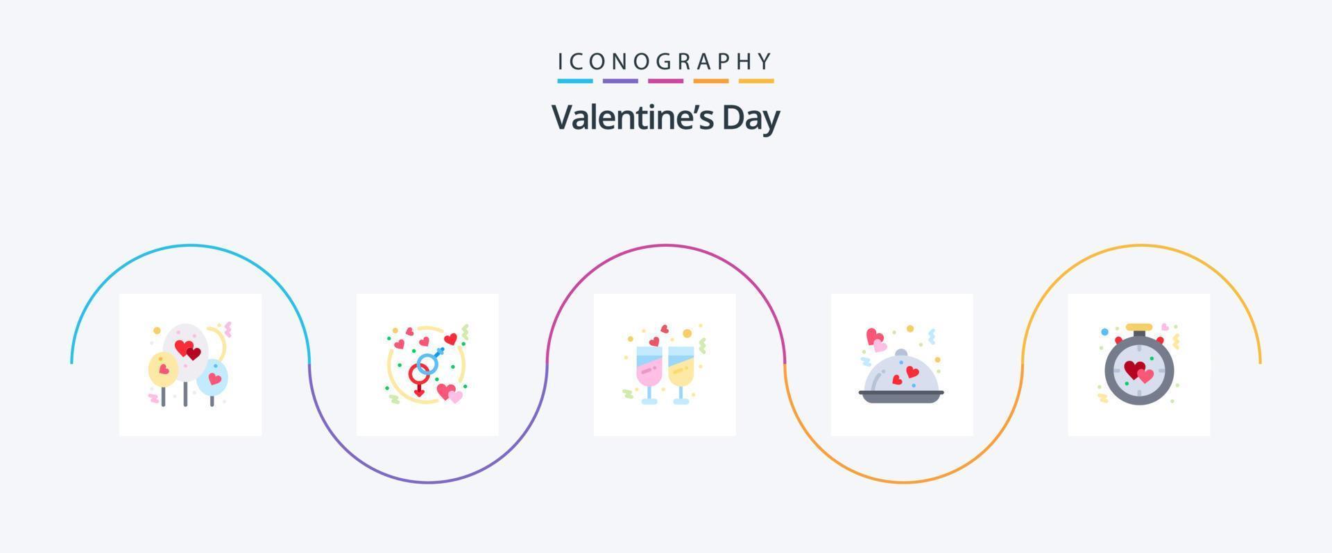 valentines dag platt 5 ikon packa Inklusive larm. klocka. glasögon. alla hjärtans dag. restaurang vektor