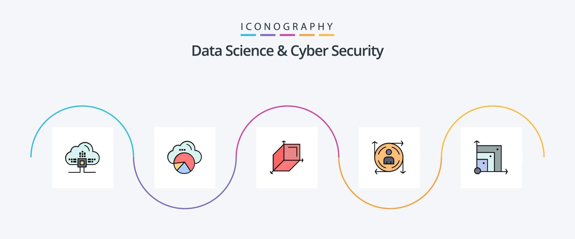 data vetenskap och cyber säkerhet linje fylld platt 5 ikon packa Inklusive systemet. väg. 3d.pil. användare vektor