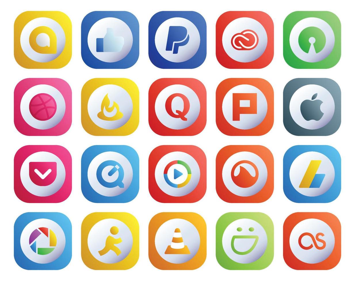 20 Social Media Icon Pack inklusive Grooveshark Windows Media Player Feedburner Quicktime Apple vektor