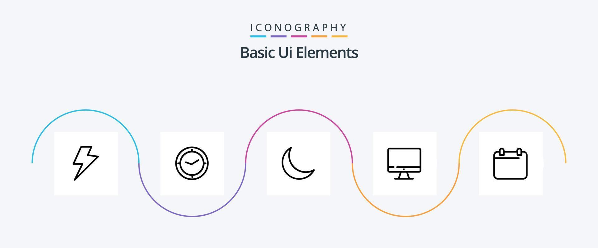 Grundlegende UI-Elemente Zeile 5 Icon Pack inklusive Datum. Kalander. Nacht. Hardware. Monitor vektor