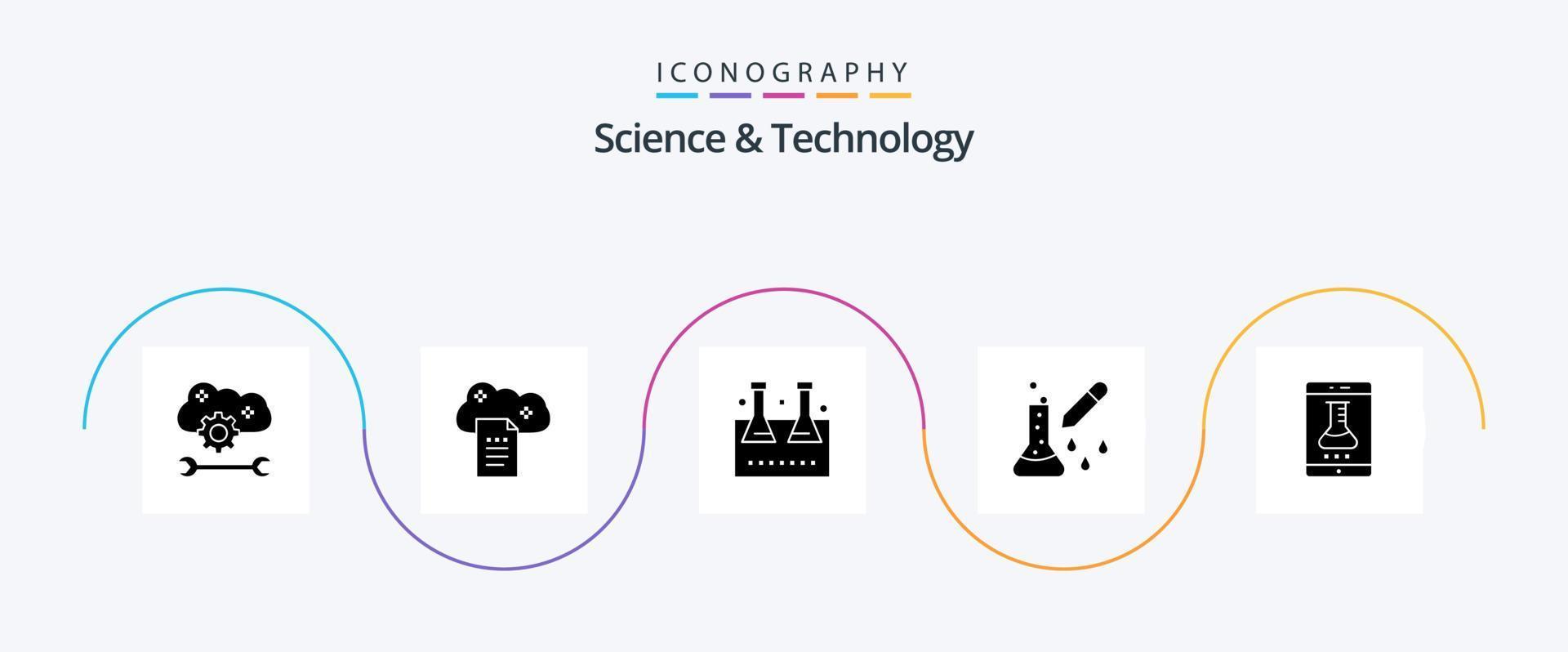 Symbolpaket für Wissenschaft und Technologie Glyphe 5 einschließlich Mikrobiologie. chemische Prüfung. Online-Dokumente. Reagenzglas. Laborflasche vektor