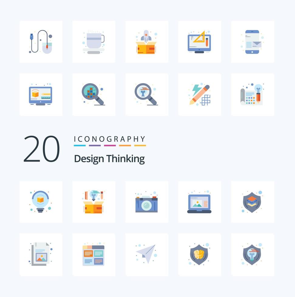 20 Design Thinking Flat Color Icon Pack wie Design-Laptop-Kamera-Denken vektor