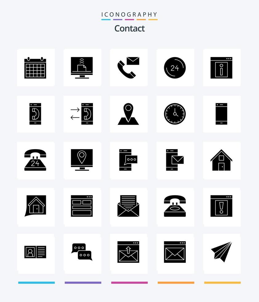Creative Contact 25 Glyph Solid Black Icon Pack wie Uhr. jederzeit. Schreibtisch. die Info. kontaktiere uns vektor