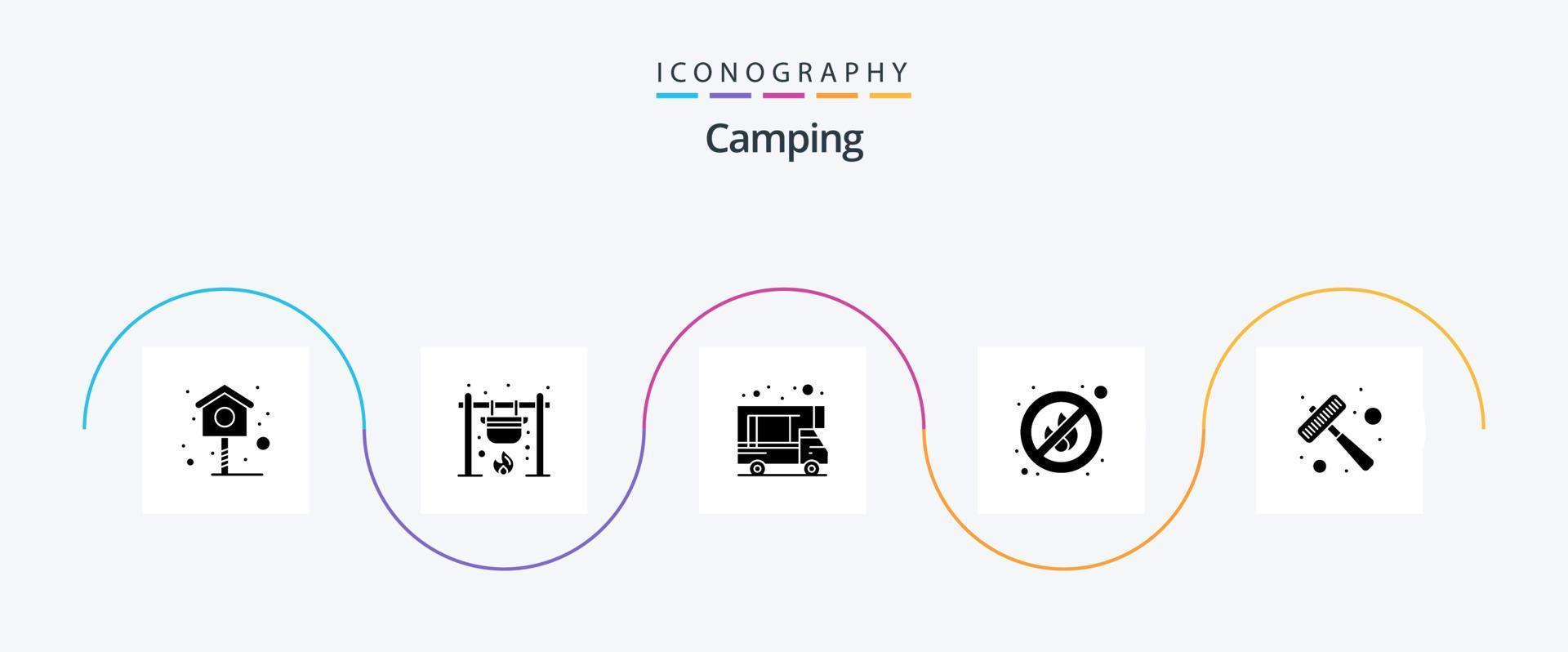 Camping Glyph 5 Icon Pack inklusive Steak. Küchenutensilien. Camping. Hammer. NEIN vektor