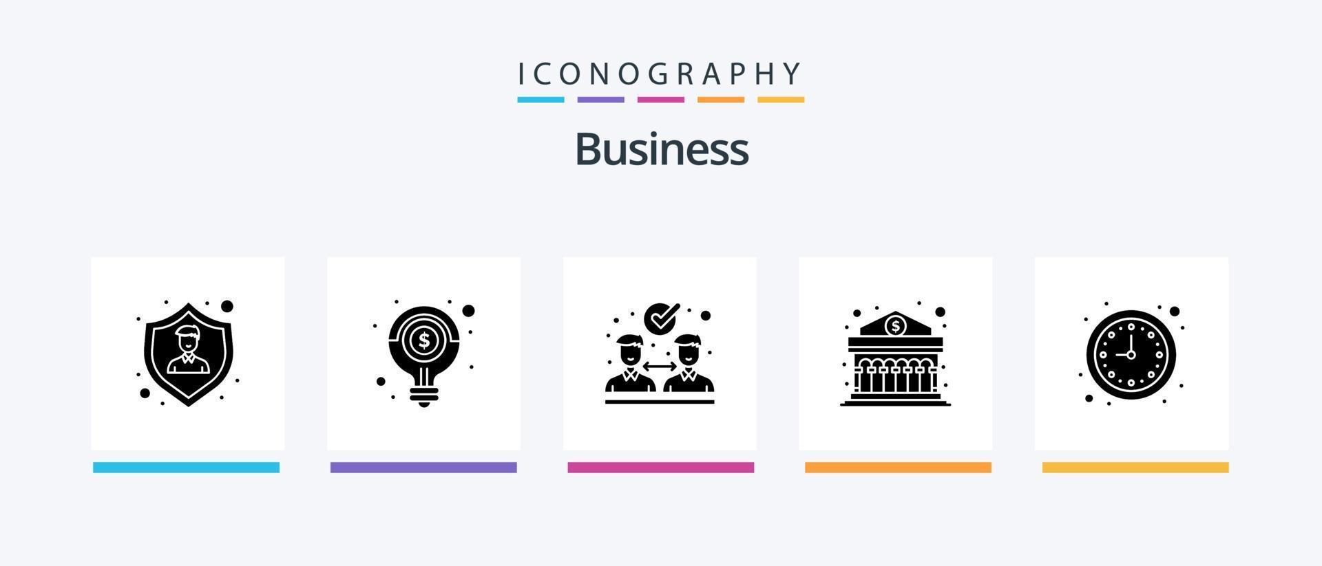 Business Glyph 5 Icon Pack inklusive Uhr. Geld. Lösung. Finanzen. Bank. kreatives Symboldesign vektor