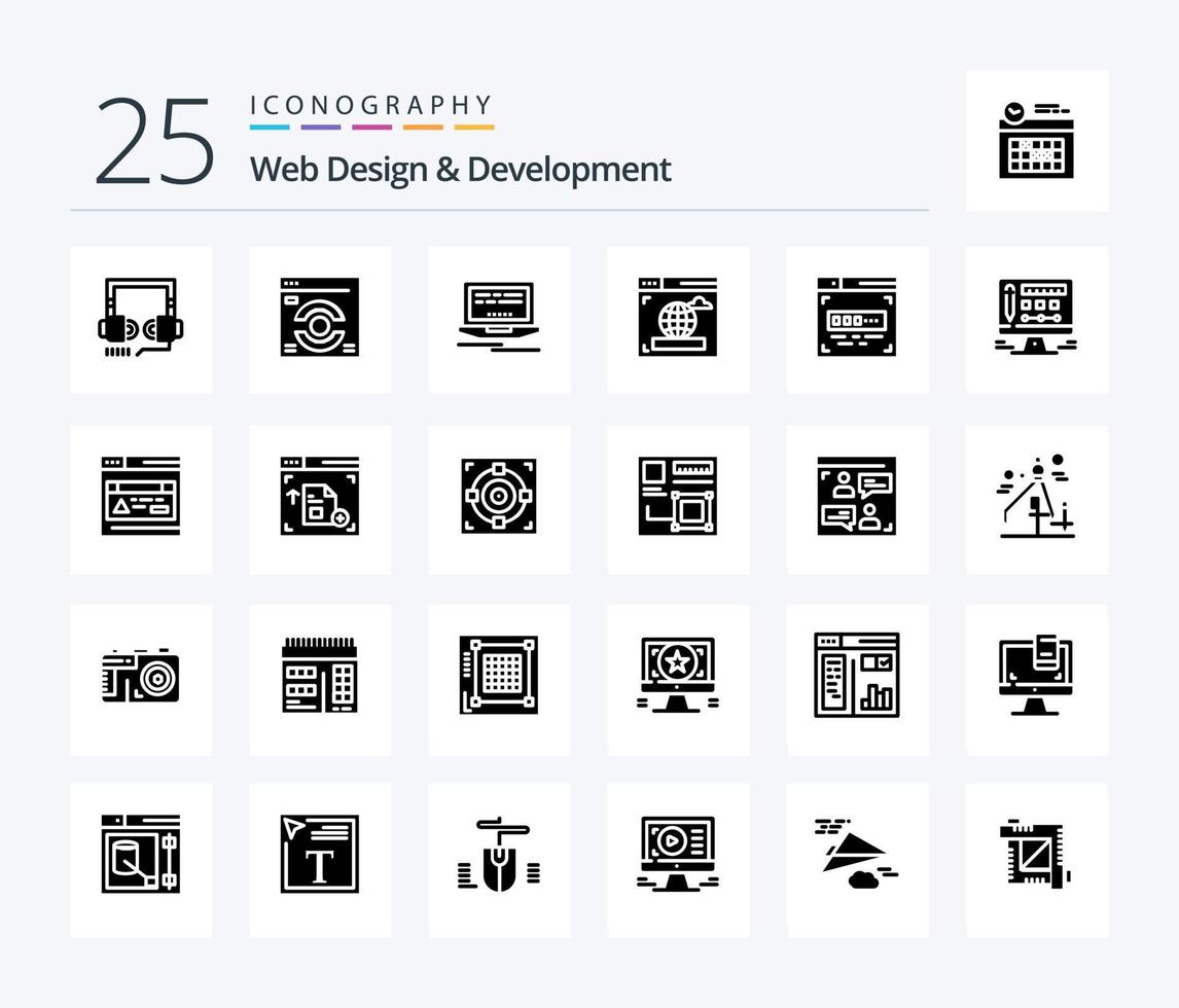 Webdesign und -entwicklung 25 Solid-Glyphen-Icon-Pack einschließlich . Internet . Aktualisierung. Browser . Design vektor