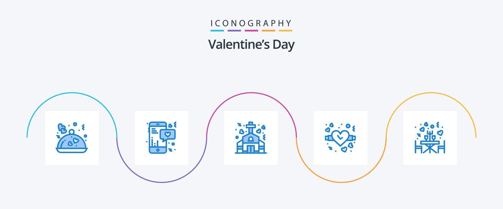 valentines dag blå 5 ikon packa Inklusive romantisk. middag. kapell. Kolla på. kärlek vektor