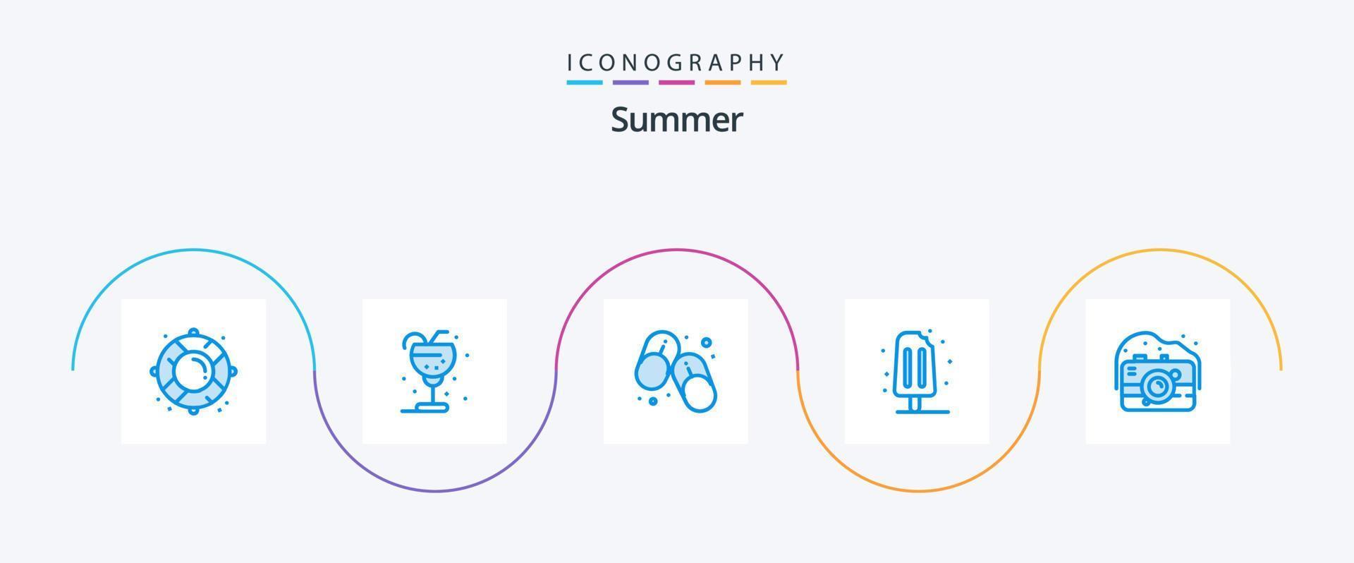 sommar blå 5 ikon packa Inklusive kamera. sommar. sugrör. is grädde. sommar vektor