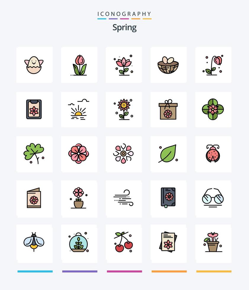 Creative Spring 25 Zeilen gefülltes Icon Pack wie Klemmbrett. Frühling. Eier. Natur. Sonnenblume vektor