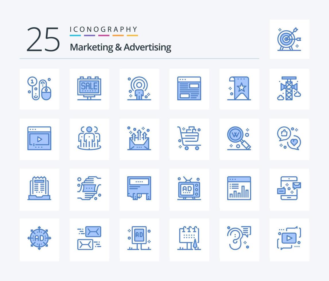Marketing und Werbung 25 blaue Symbolpakete inklusive Layout. Design. Poster. Anwendung. Person vektor