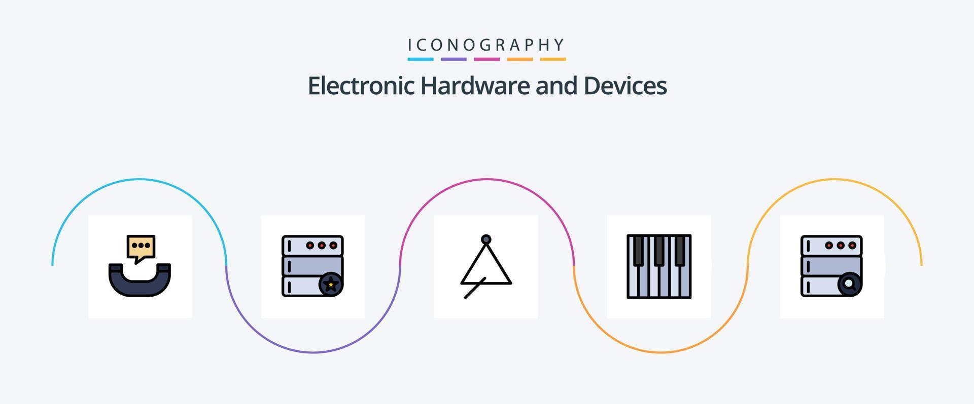enheter linje fylld platt 5 ikon packa Inklusive Sök. ljud. musik. piano. tangentbord vektor