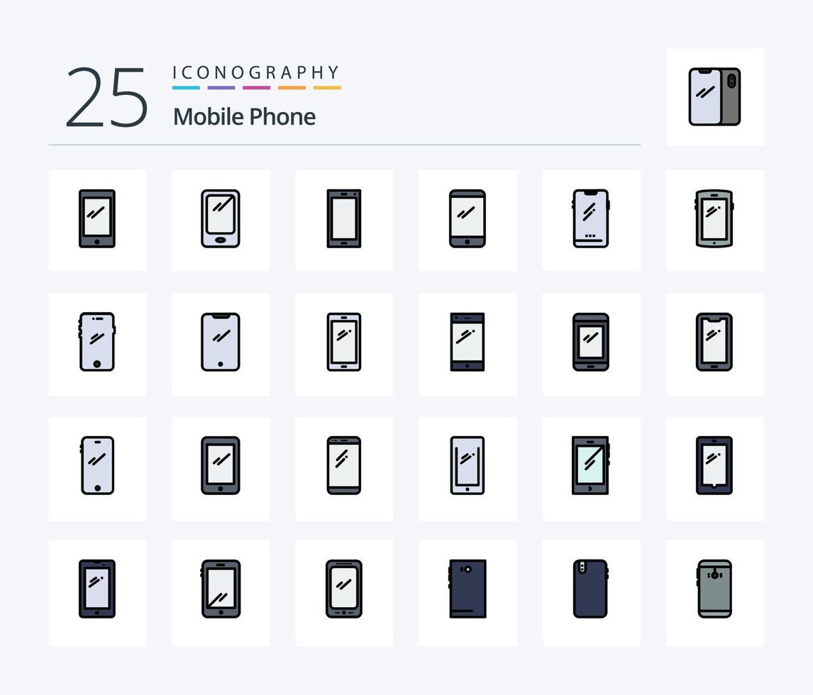 Handy 25 Zeilen gefülltes Icon Pack inklusive Handy. Telefon. Kamera. zurück. Handy, Mobiltelefon vektor