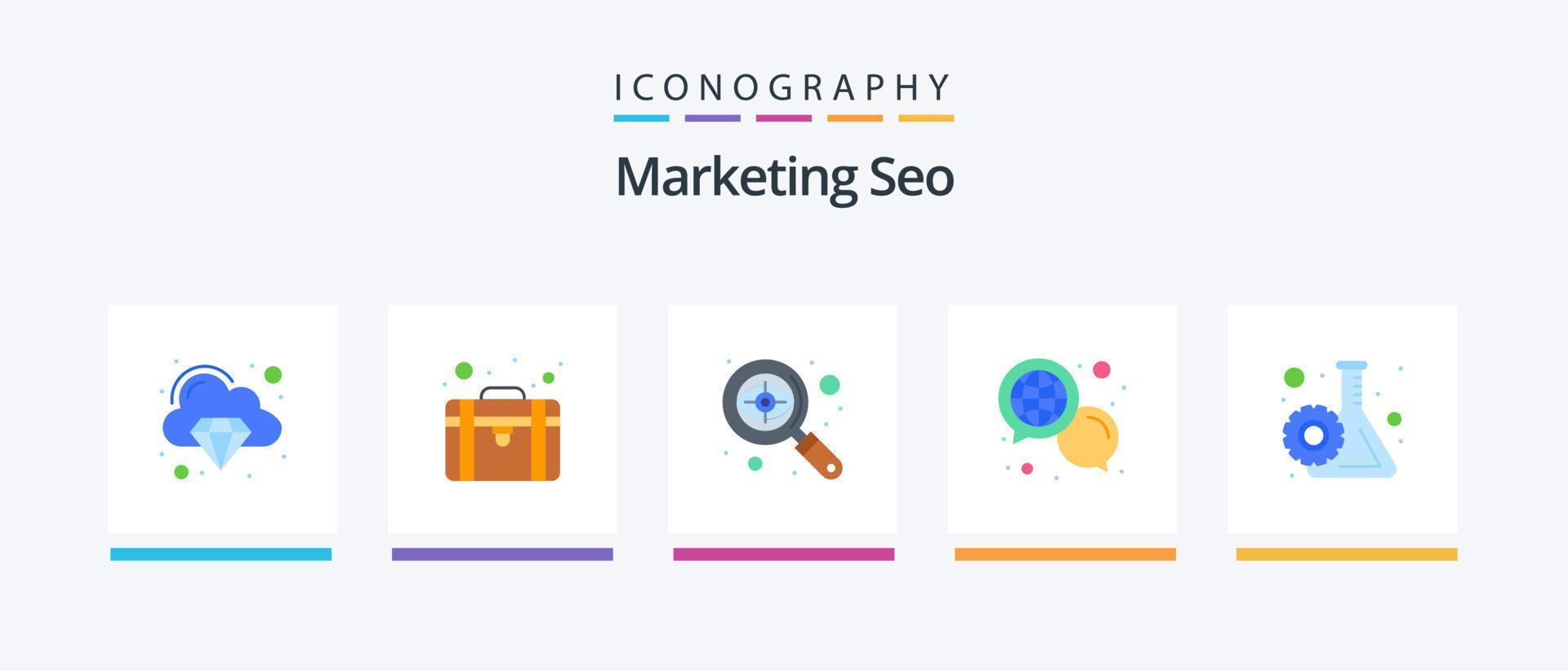 Marketing SEO Flat 5 Icon Pack inklusive Recherche. Nachricht. Prüfung. global. Plaudern. kreatives Symboldesign vektor