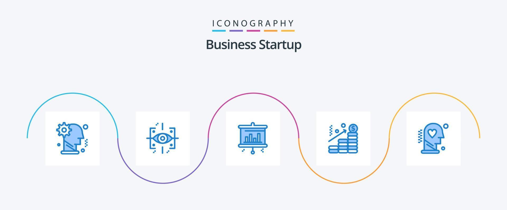 Business Startup Blue 5 Icon Pack inklusive Kopf. Graph. Gen. Dollar. Analyse vektor