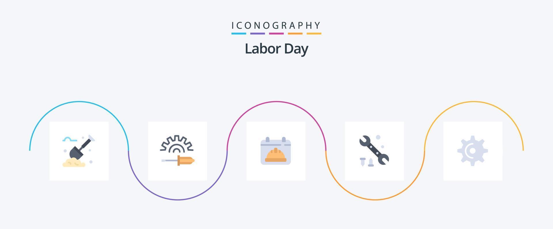 arbetskraft dag platt 5 ikon packa Inklusive snurra. hjul. kalender. verktyg. rycka vektor
