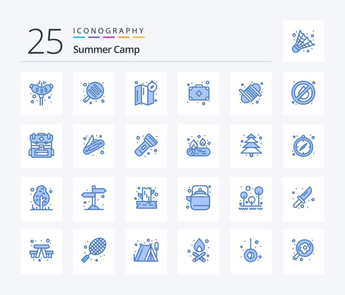 Summer Camp 25 Blue Color Icon Pack inklusive kein Feuer. Seil. Standort. Ausrüstung. Medizin vektor