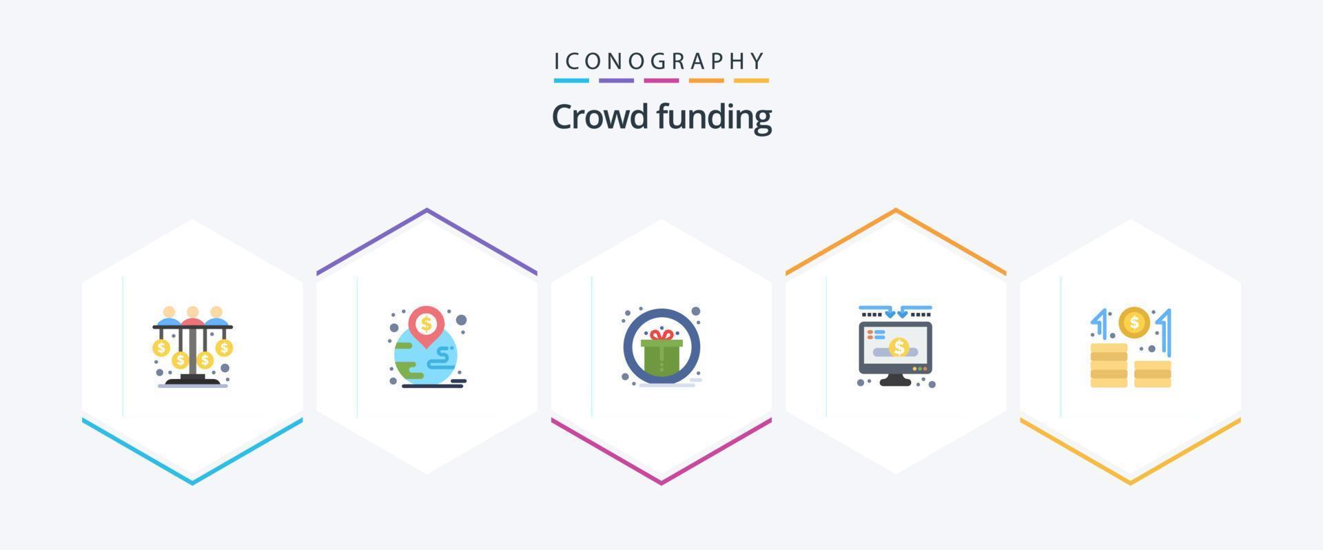 Crowdfunding 25 Flat Icon Pack inklusive Business. Geld. Standort. Spende. belohnen vektor