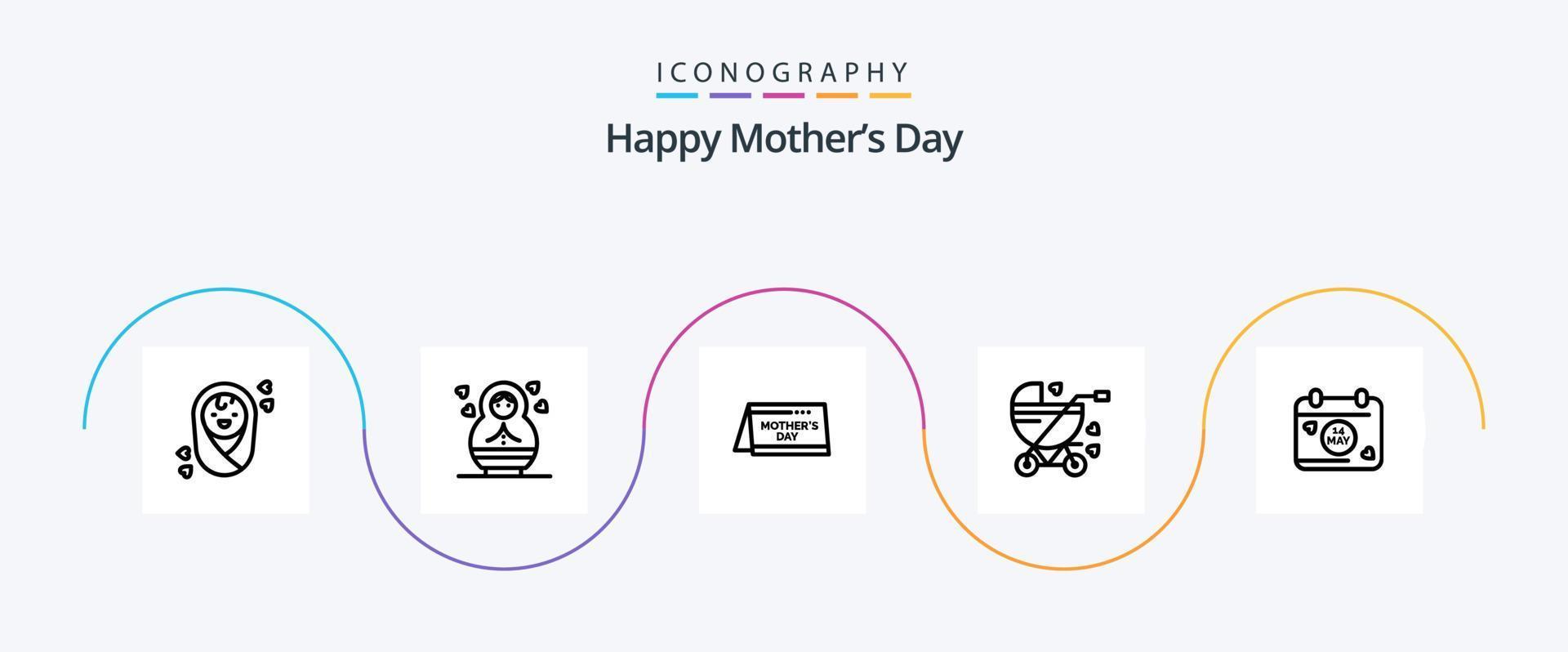 Lycklig mödrar dag linje 5 ikon packa Inklusive dag. kalender . tid. buggy vektor