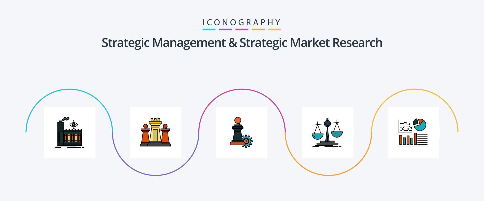 strategisk förvaltning och strategisk marknadsföra forskning linje fylld platt 5 ikon packa Inklusive . förlust. teknologi. lag. Framgång vektor