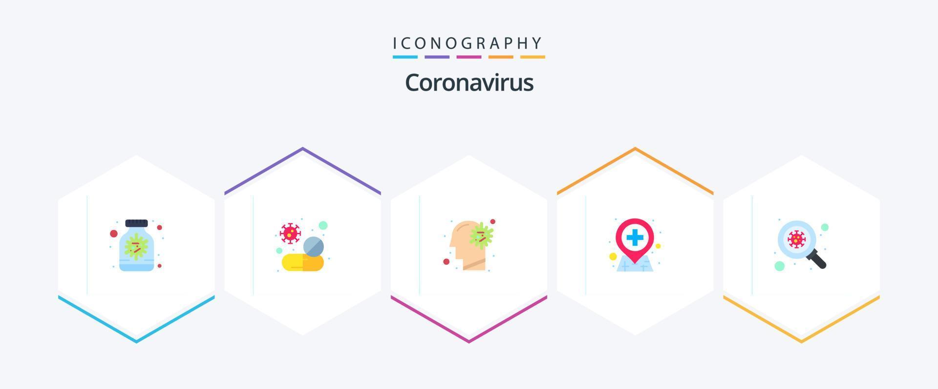 Coronavirus 25 Flat Icon Pack mit Bakterien. Standort. Virus. Krankenhaus. Virus vektor