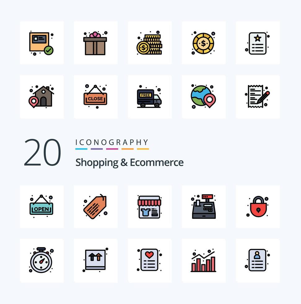 20 handla e-handel linje fylld Färg ikon packa tycka om kompass säkerhet handla låsa Registrera vektor