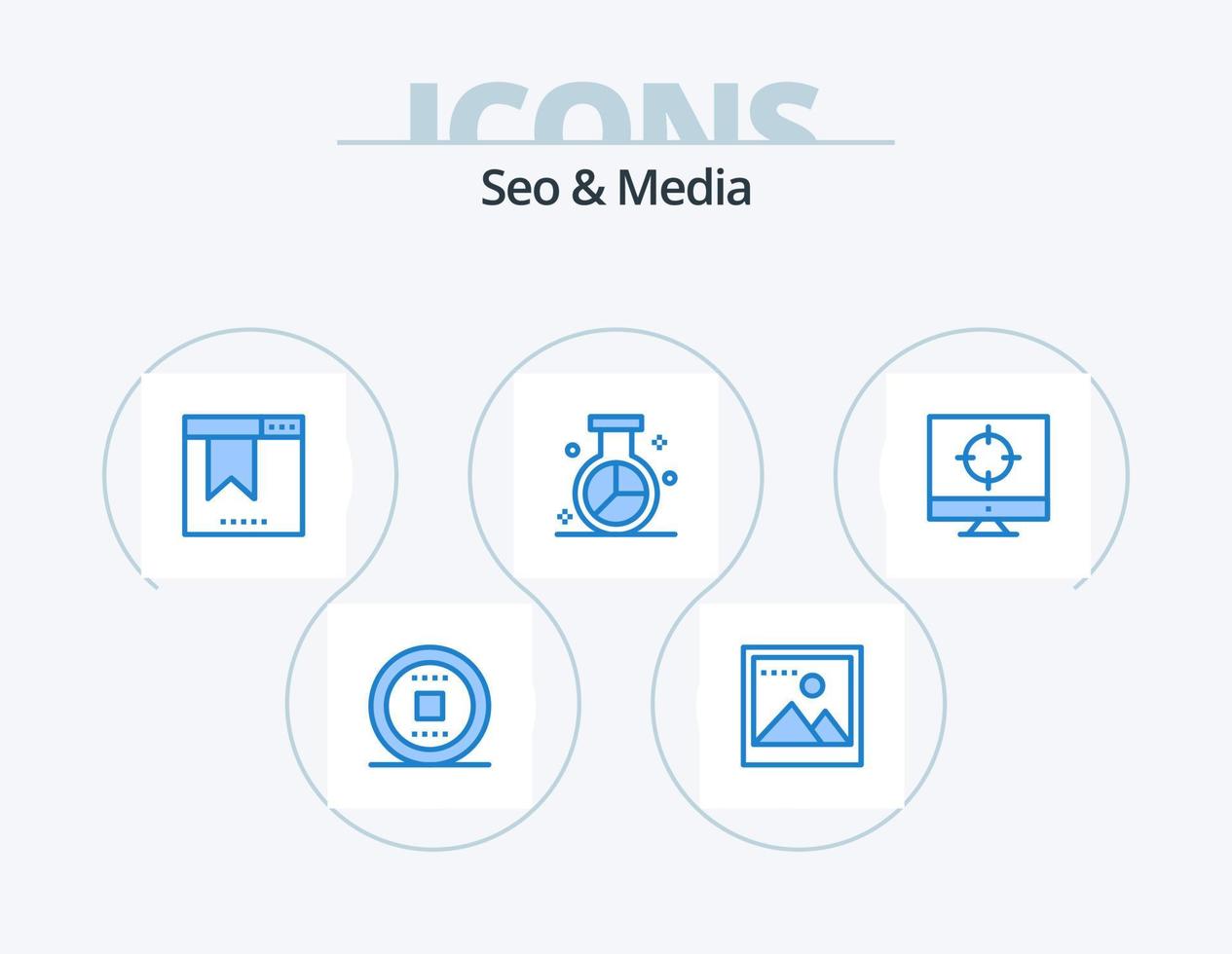 seo och media blå ikon packa 5 ikon design. seo. forskning. webbläsare. optimering. marknadsföra vektor