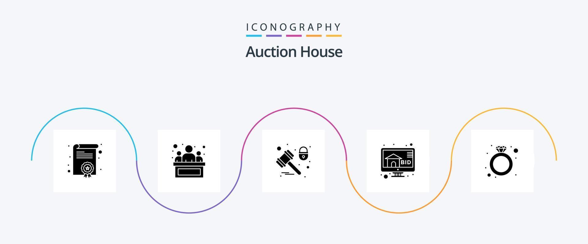 auktion glyf 5 ikon packa Inklusive ringa. diamant. låsa. gåva. budgivning vektor