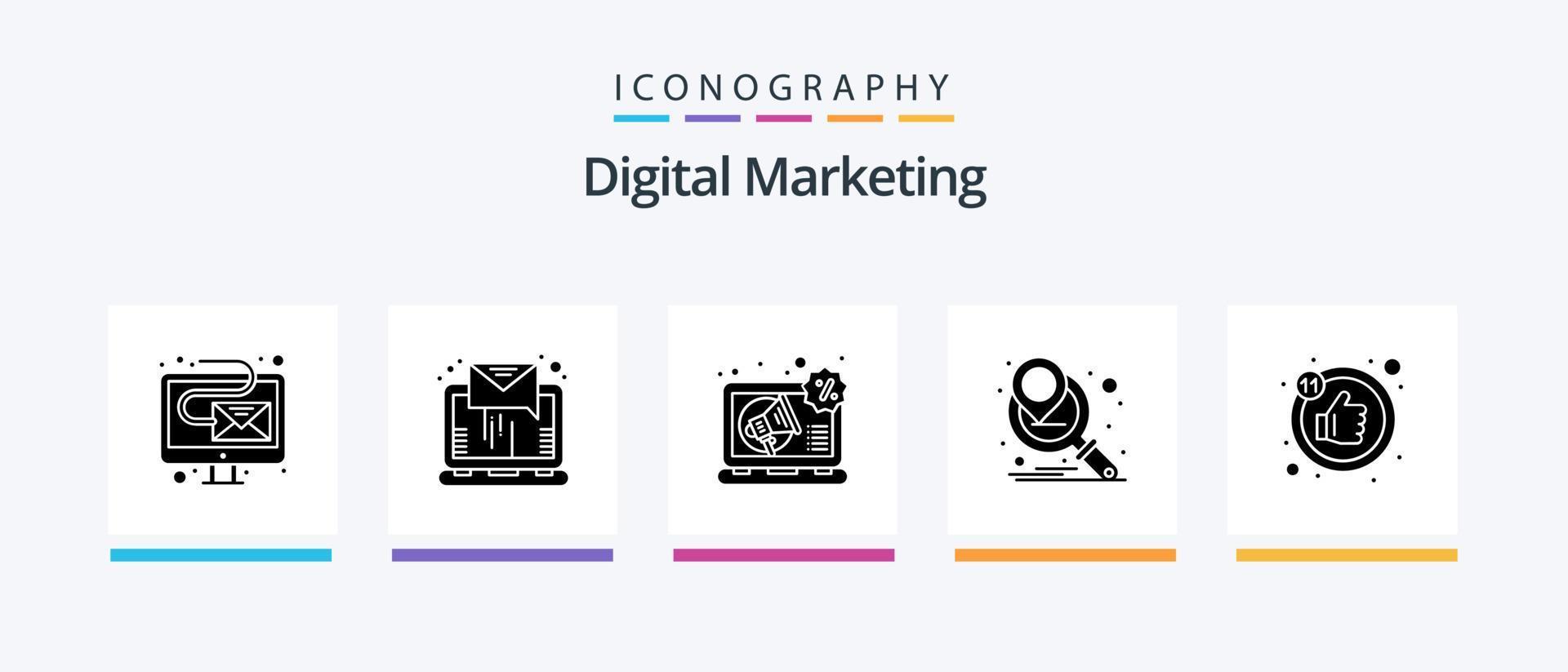 Digital Marketing Glyph 5 Icon Pack inklusive Daumen. wie. Werbung. Vermarktungsstrategie. Vermarktungskampagne. kreatives Symboldesign vektor