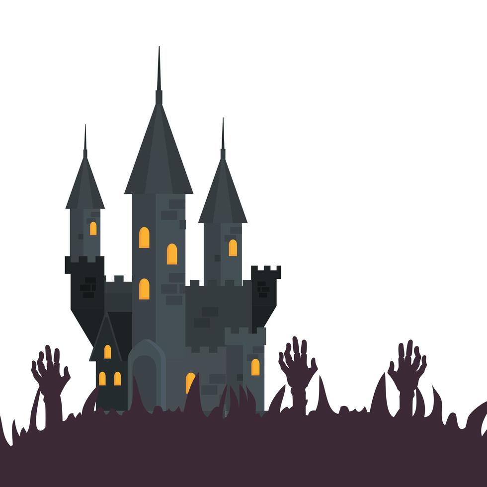 halloween hemsökt slott med händer zombie vektor