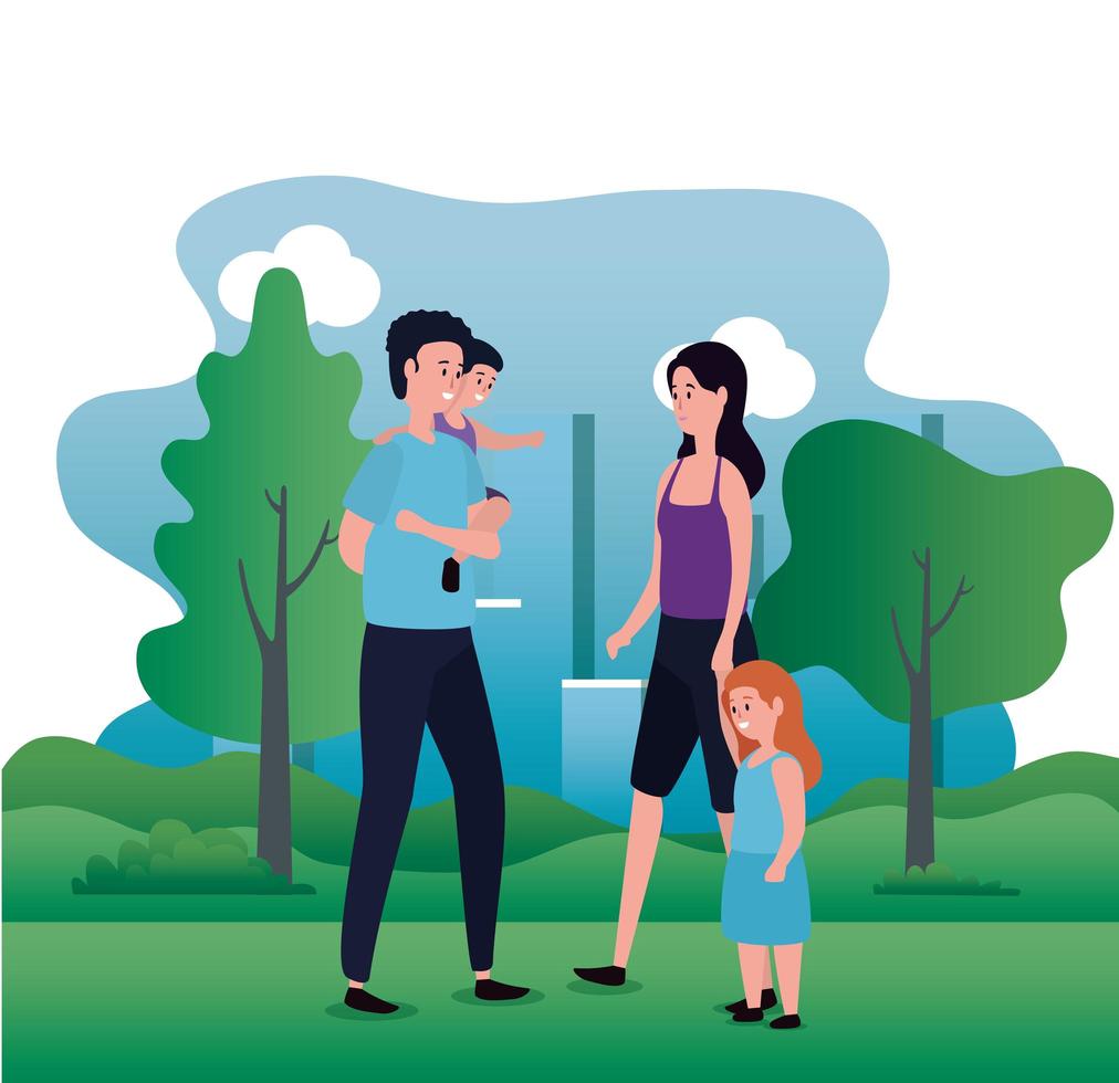 föräldrar par med dotter och son på parken vektor