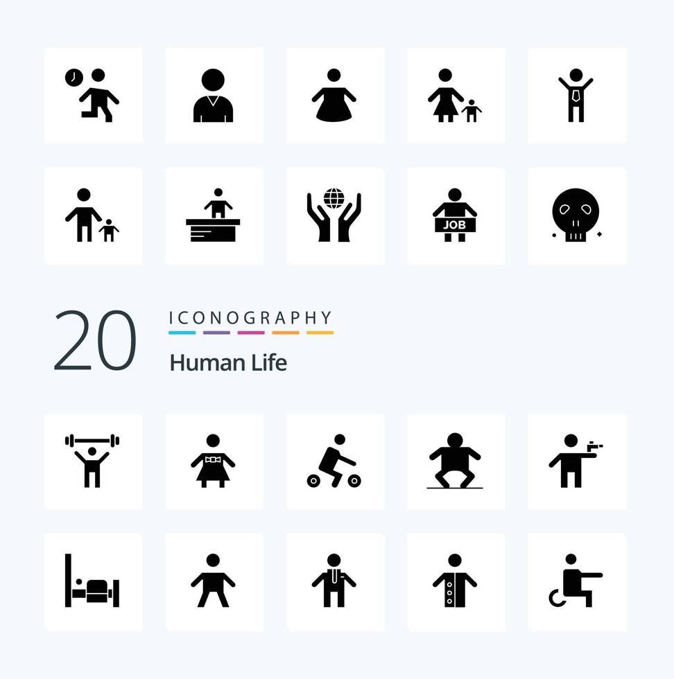 20 menschliche solide Glyphen-Icon-Packs wie ein Killer-Schütze, der eine menschliche Waffe reitet vektor