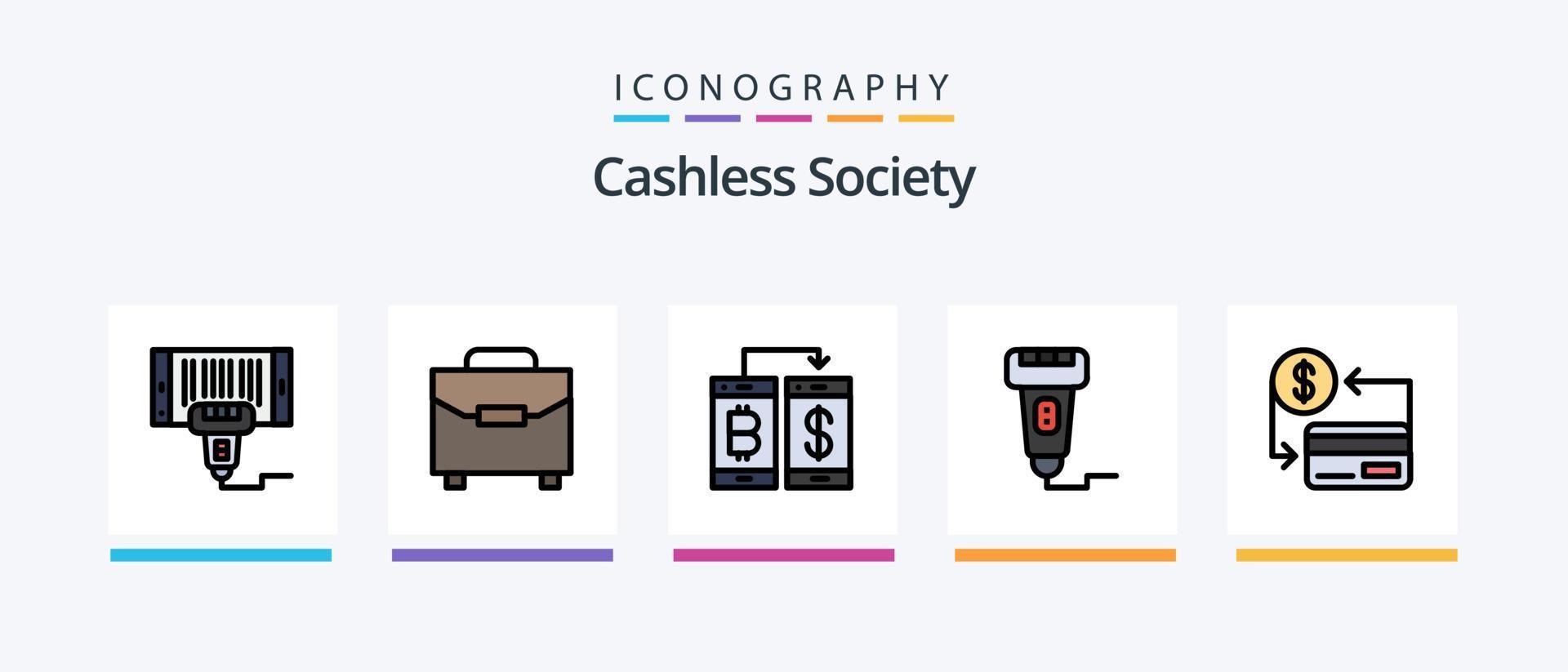 kontantlös samhälle linje fylld 5 ikon packa Inklusive kreditera. kort. Kolla på. överföra. smartphone. kreativ ikoner design vektor