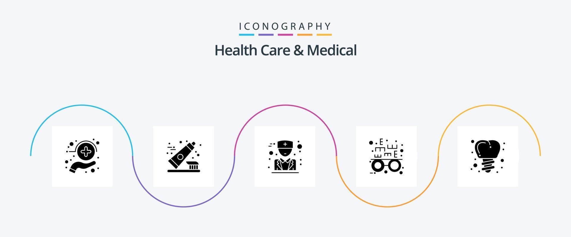 Gesundheitswesen und medizinisches Glyphen-5-Icon-Paket, einschließlich . schrauben. Arzt. implantieren. Optiker vektor