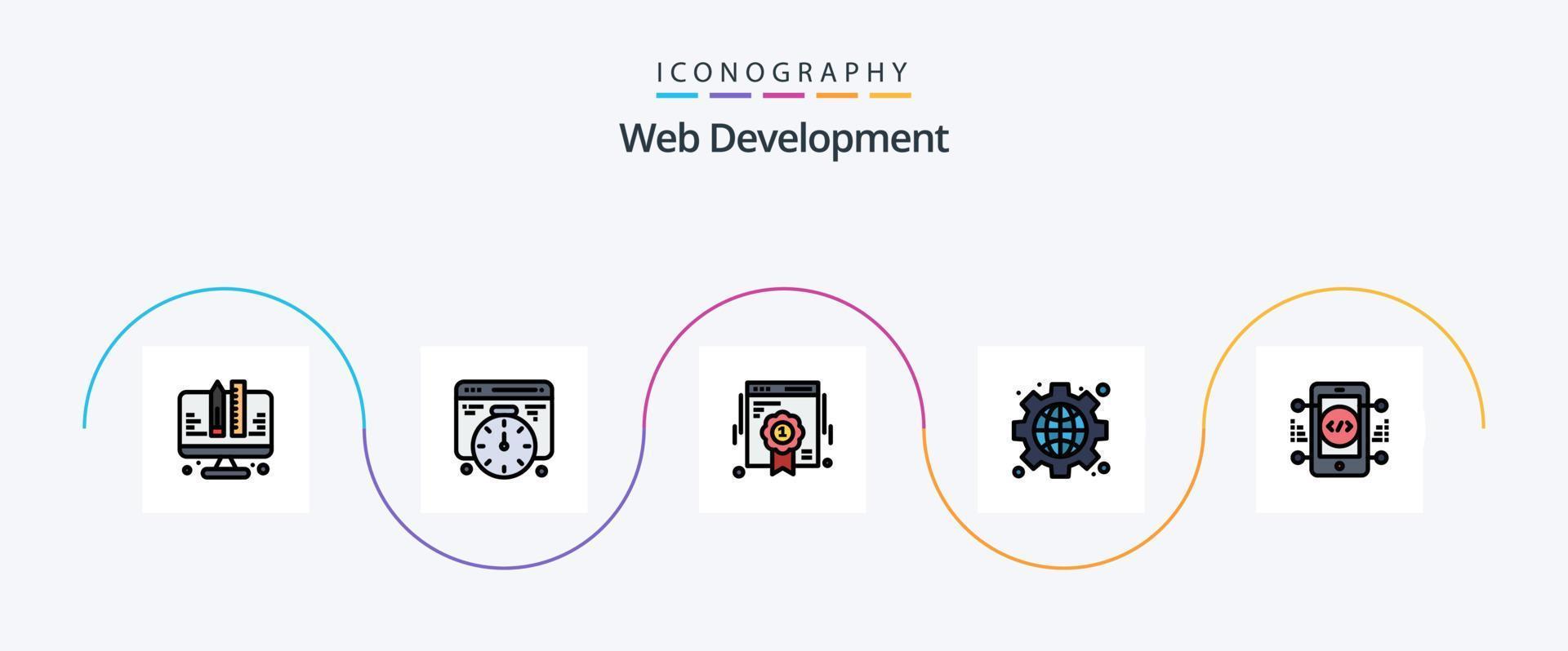 Webentwicklungslinie gefülltes flaches 5-Icon-Paket einschließlich Online. Kodierung. Qualität. Globus. Schnittstelle vektor