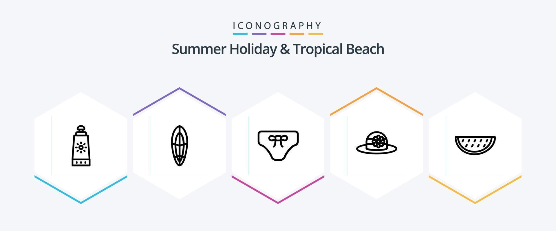 Beach 25 Line Icon Pack inklusive Sommer. Früchte. Strand. Deckel. Strand vektor