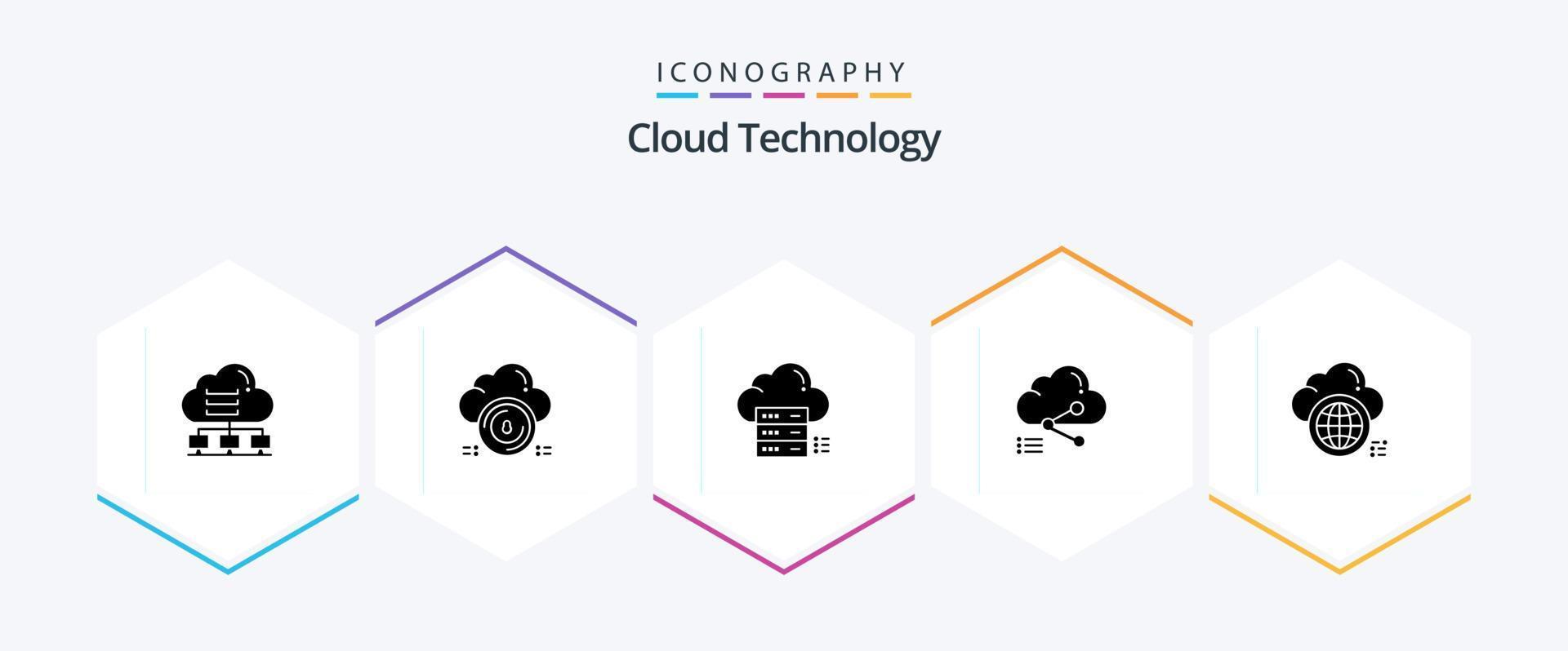moln teknologi 25 glyf ikon packa Inklusive data. dela med sig. moln. dela med sig. data vektor