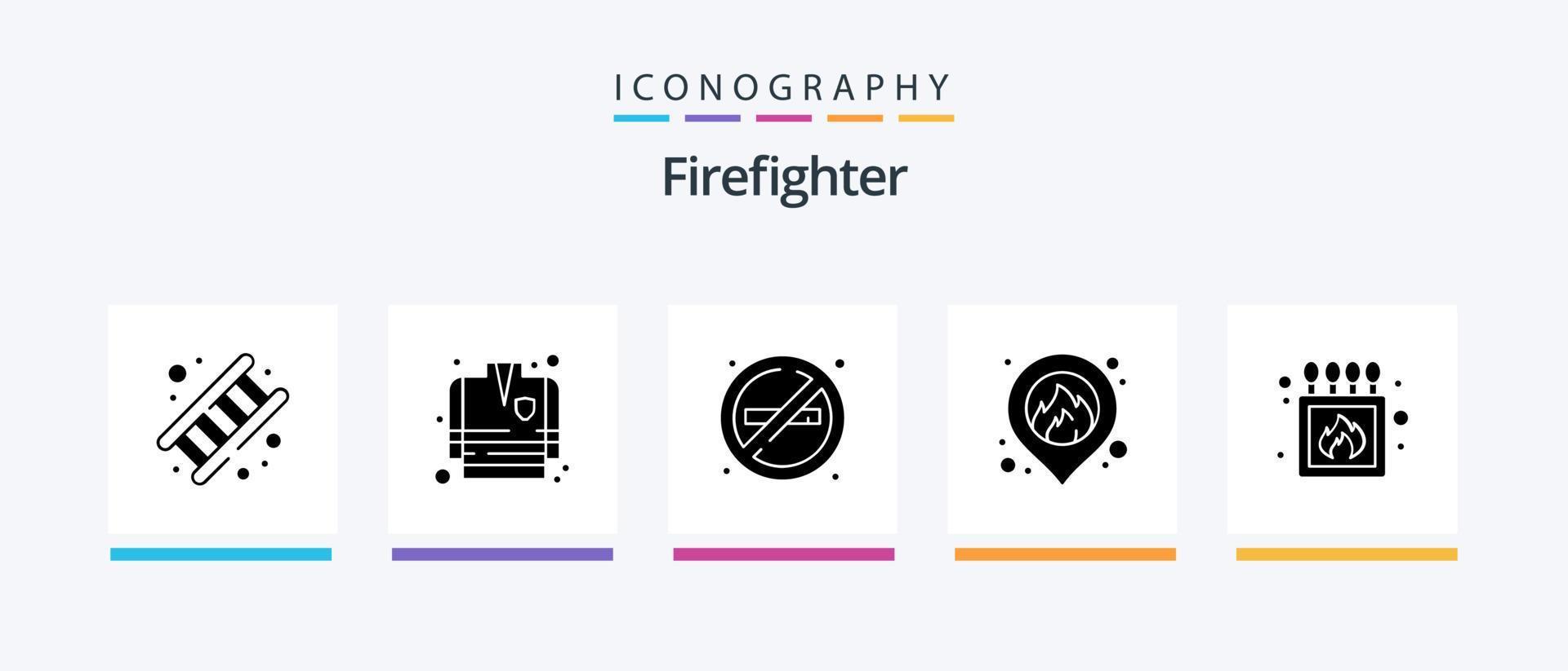 Feuerwehrmann Glyphe 5 Icon Pack inklusive Streichholz. Camping. Feuer. Karte. Feuer. kreatives Symboldesign vektor