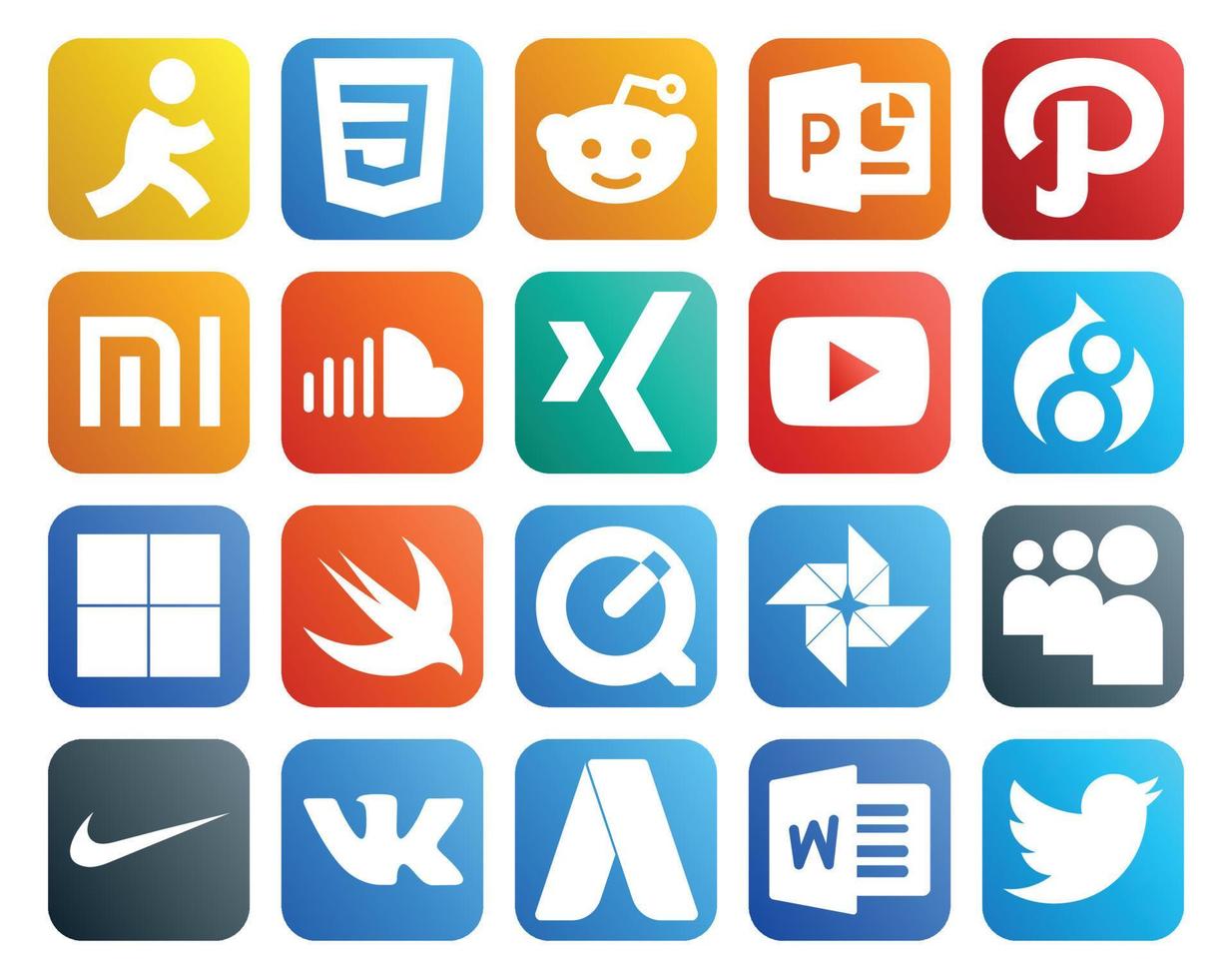 20 Social-Media-Icon-Packs, einschließlich myspace Quicktime Music Swift Drupal vektor