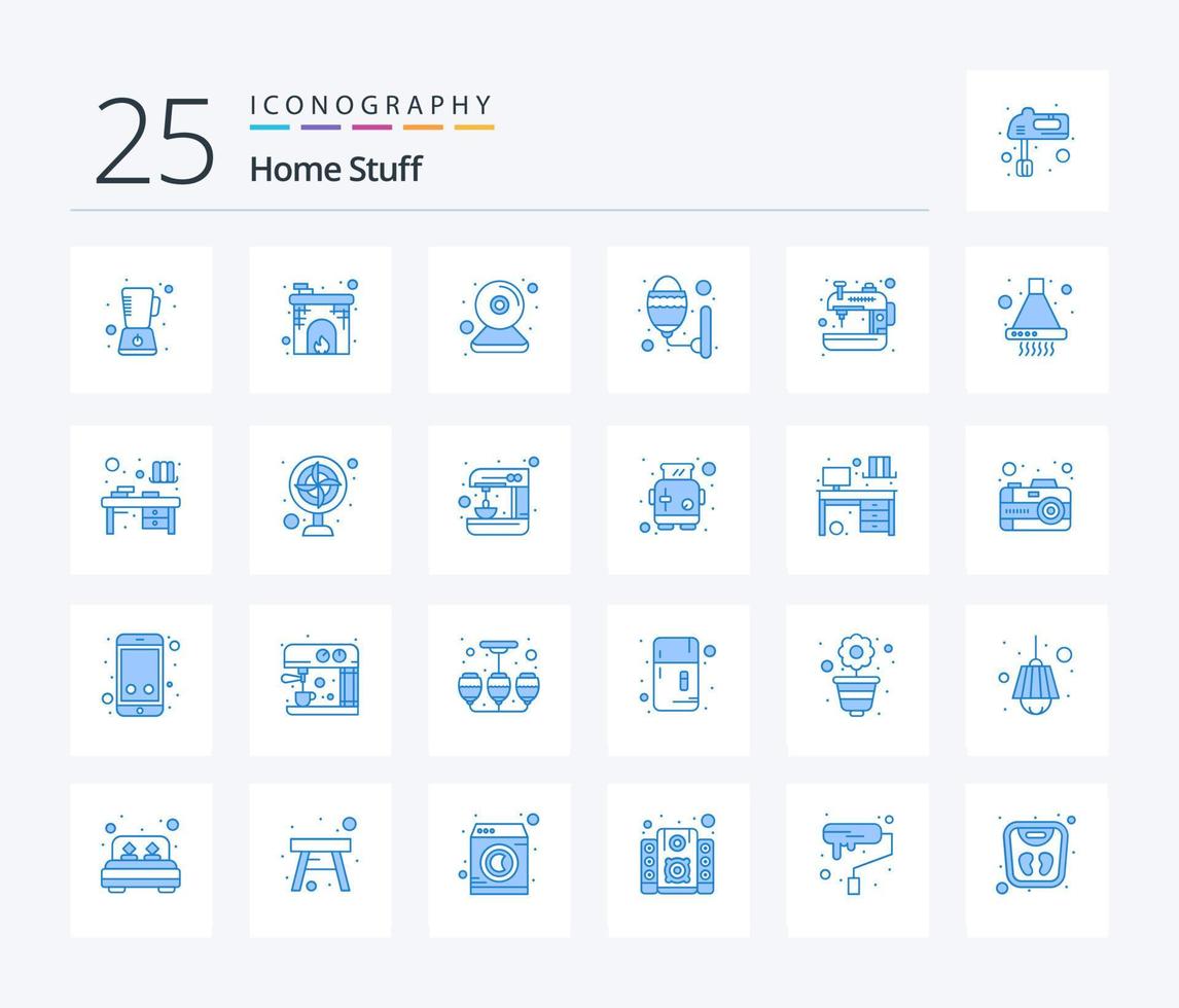 Home Stuff 25 Icon Pack in blauer Farbe inklusive Maschine. Birne. Nocken. Zimmer. Lampe vektor