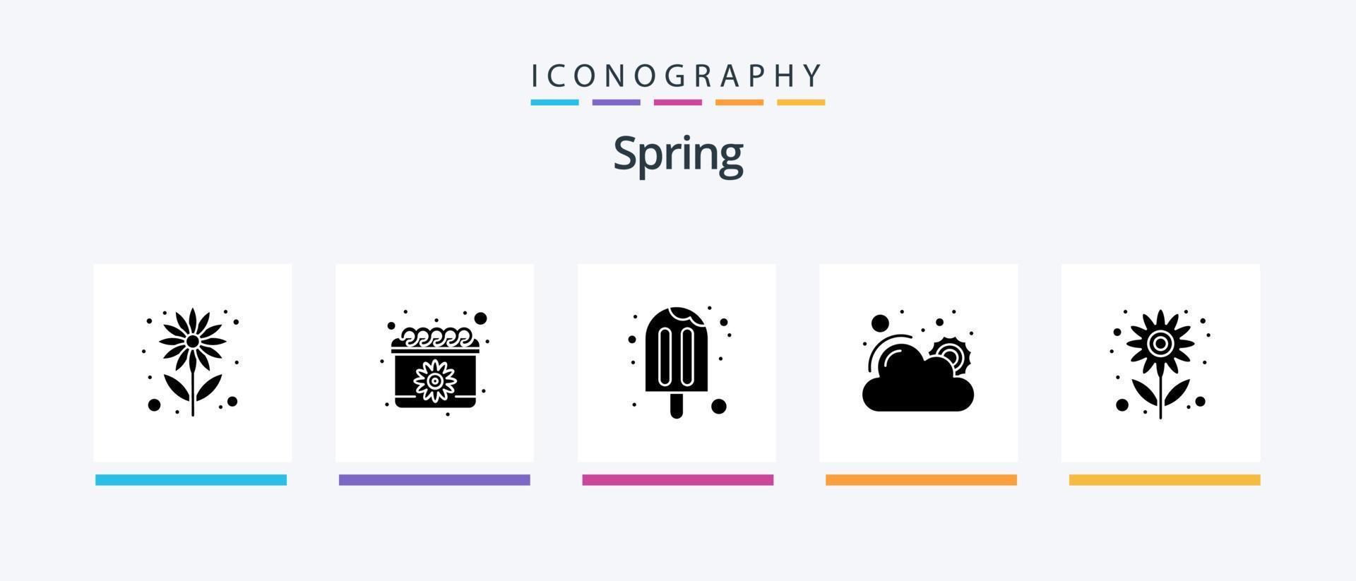 vår glyf 5 ikon packa Inklusive odla. väder. grädde. Sol. sommar. kreativ ikoner design vektor