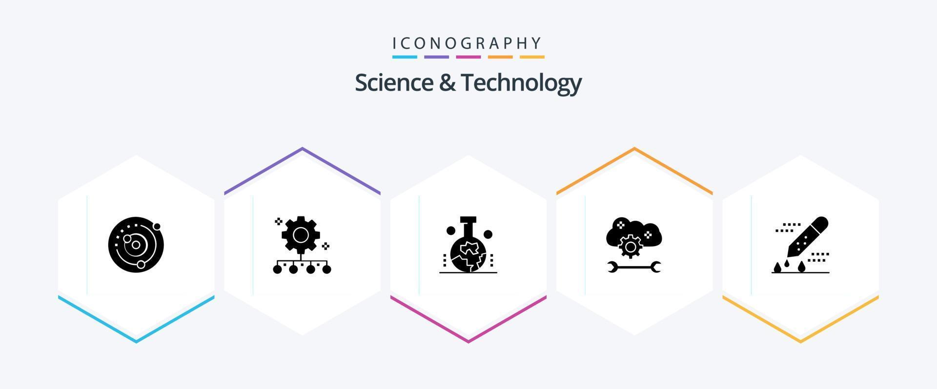 Wissenschaft und Technologie 25 Glyphen-Symbolpaket einschließlich Cloud-Einstellungen. Cloud-Einstellungen. Arbeitsmanagement. Cloud-Anwendungsdienst. Wissenschaftliche Untersuchung der Entstehung der Erde vektor