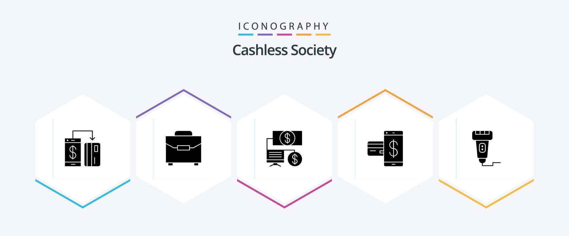 kontantlös samhälle 25 glyf ikon packa Inklusive finansiell. kontantlös. väska. kort. finansiera vektor