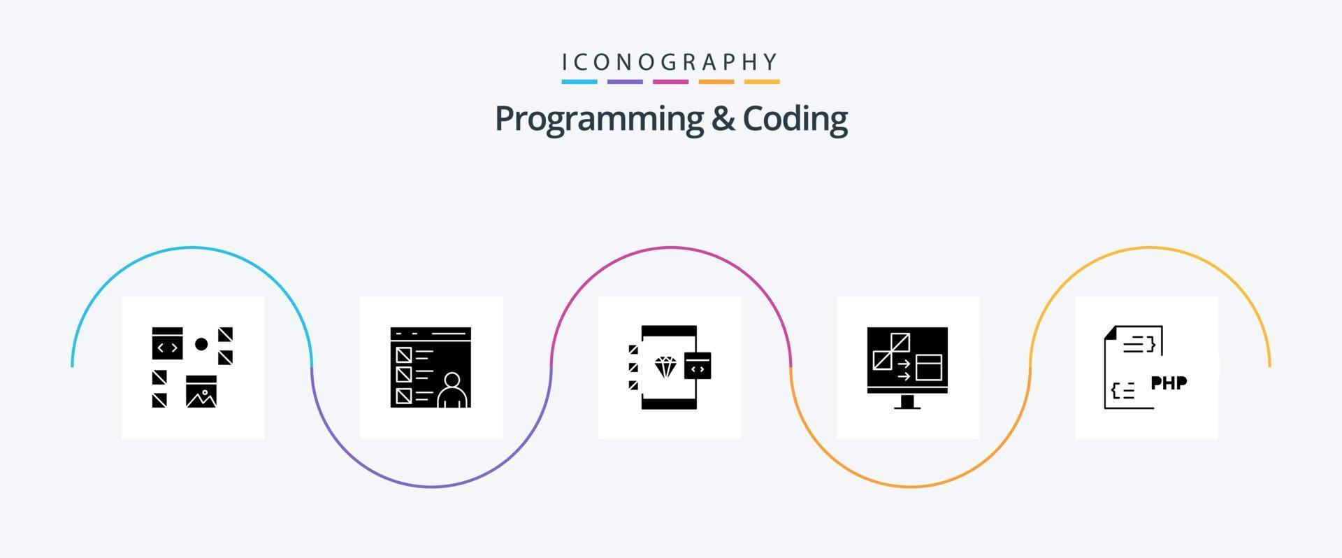 Programmieren und Codieren von Glyph 5 Icon Pack inklusive Entwicklung. Kodierung. entwickeln. Entwicklung. Computer vektor
