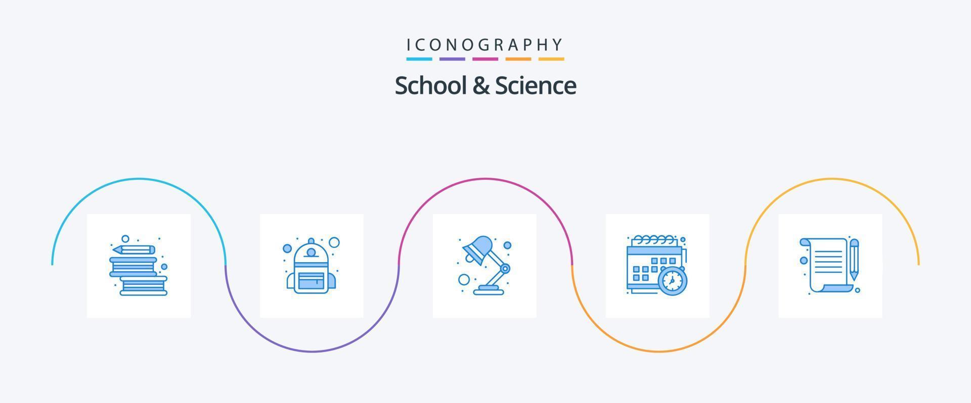 Schule und Wissenschaft blau 5 Icon Pack inklusive Notizen. lernen. Lampe. Schule. Kalender vektor