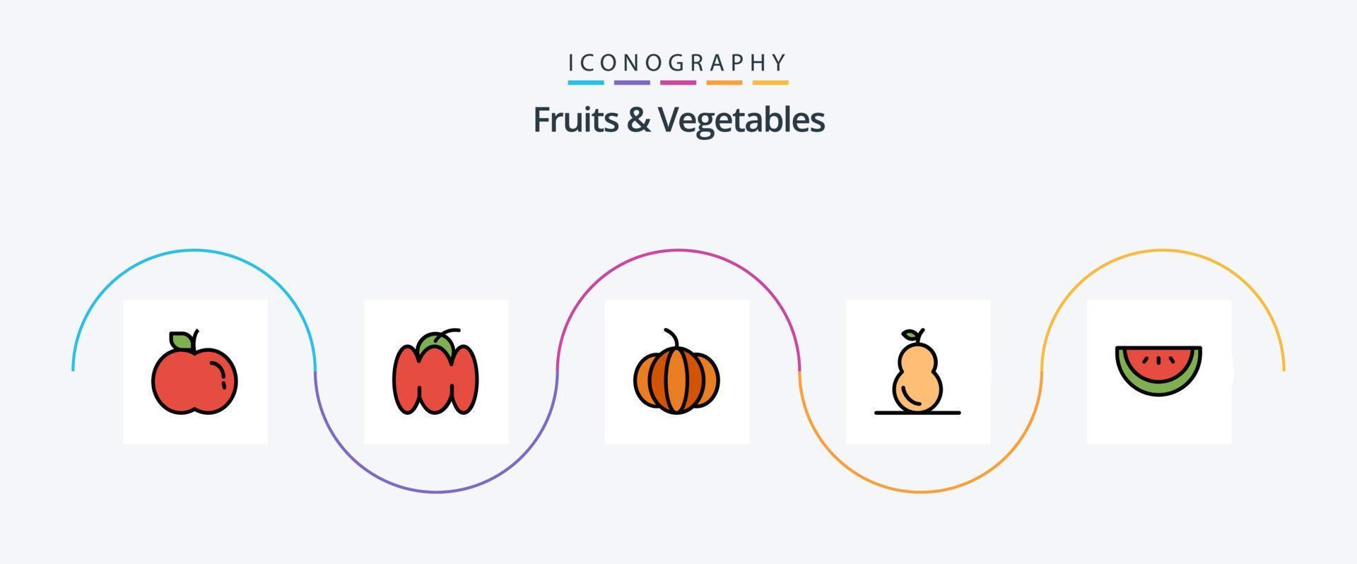 frukt och grönsaker linje fylld platt 5 ikon packa Inklusive . mat. vattenmelon vektor